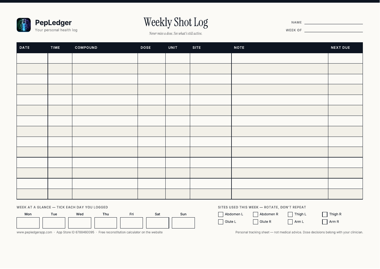 PepLedger Classic weekly shot log printable, A4 landscape