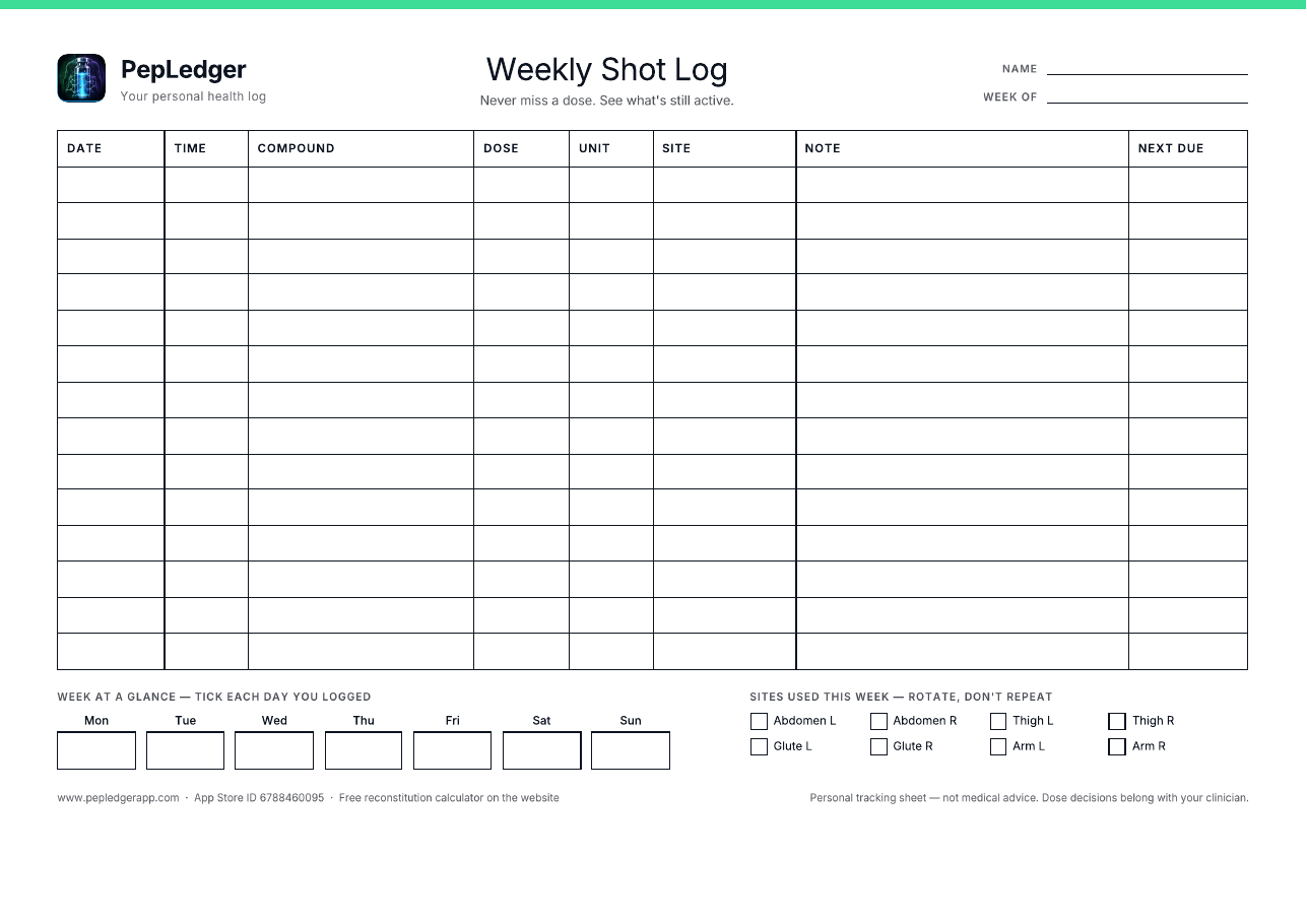 PepLedger Clean weekly shot log printable, A4 landscape