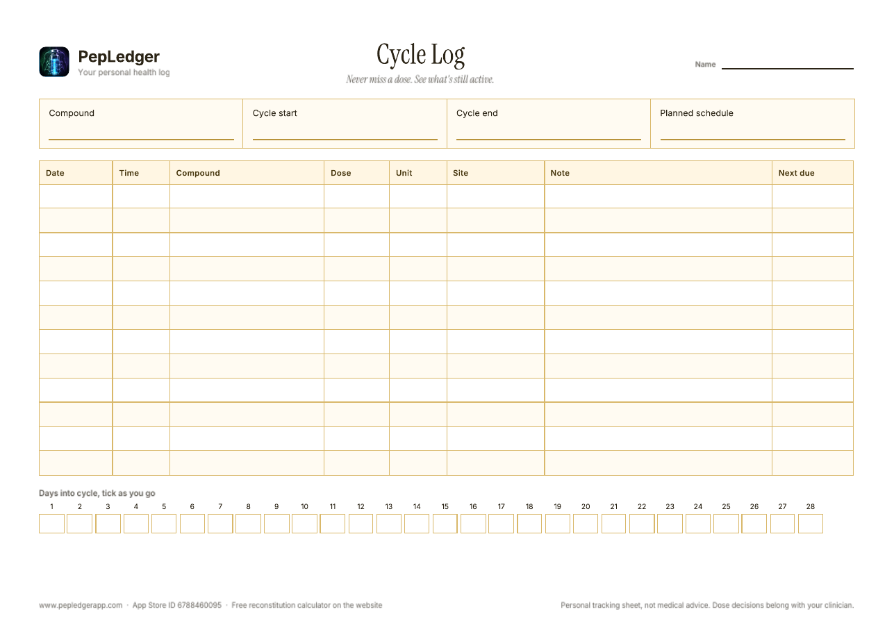 PepLedger Cycle shot log printable with 28-day tracker, A4