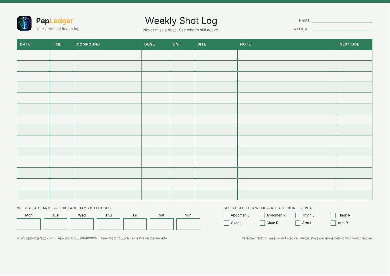 PepLedger Forest weekly shot log printable, A4 landscape