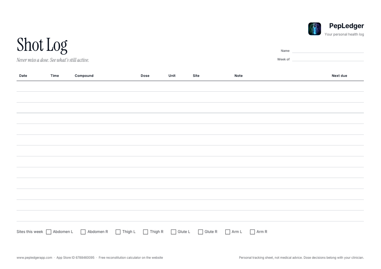 PepLedger Minimal weekly shot log printable, A4 landscape