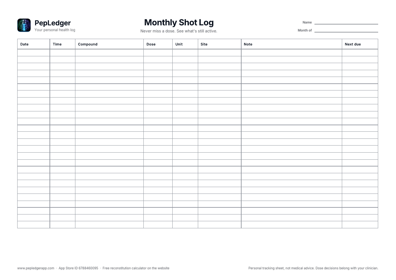 PepLedger Monthly shot log printable with 26 rows, A4