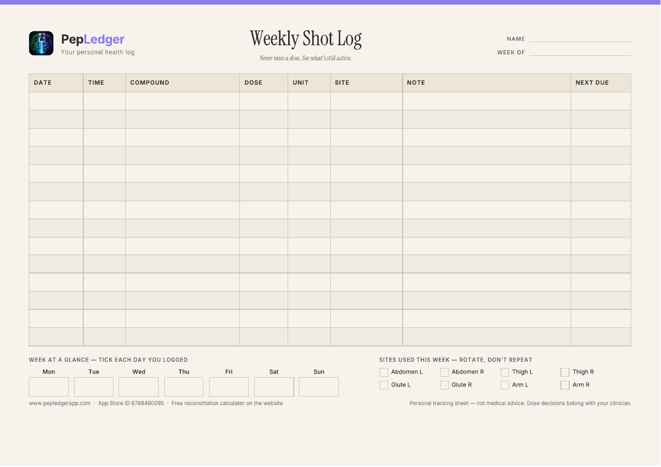 PepLedger Paper weekly shot log printable, A4 landscape