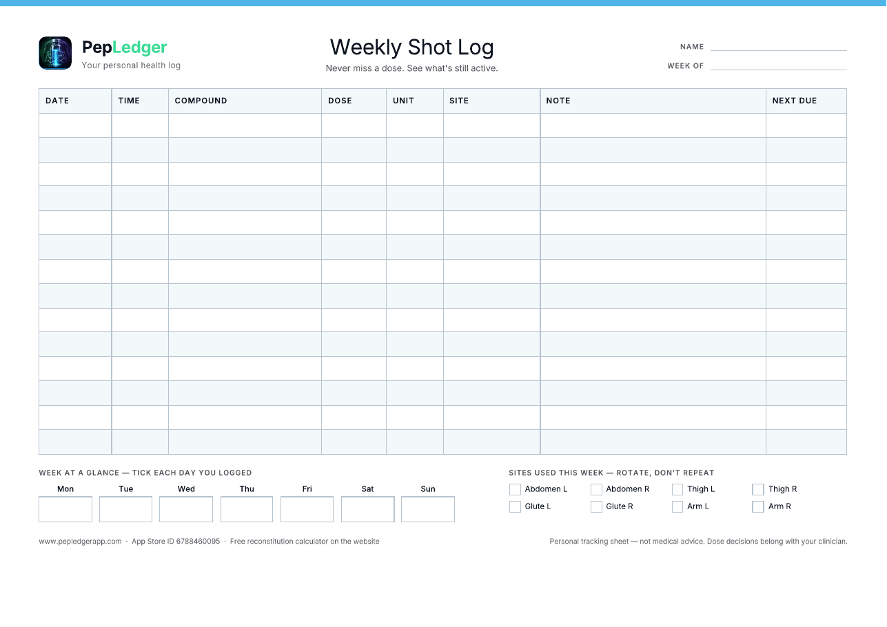 PepLedger Sky weekly shot log printable, A4 landscape