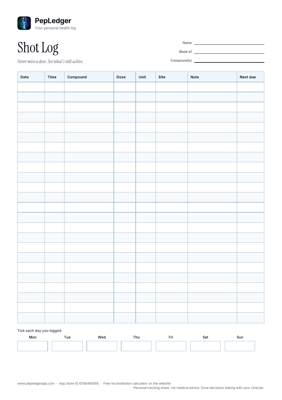 PepLedger Tall weekly shot log printable, A4 portrait