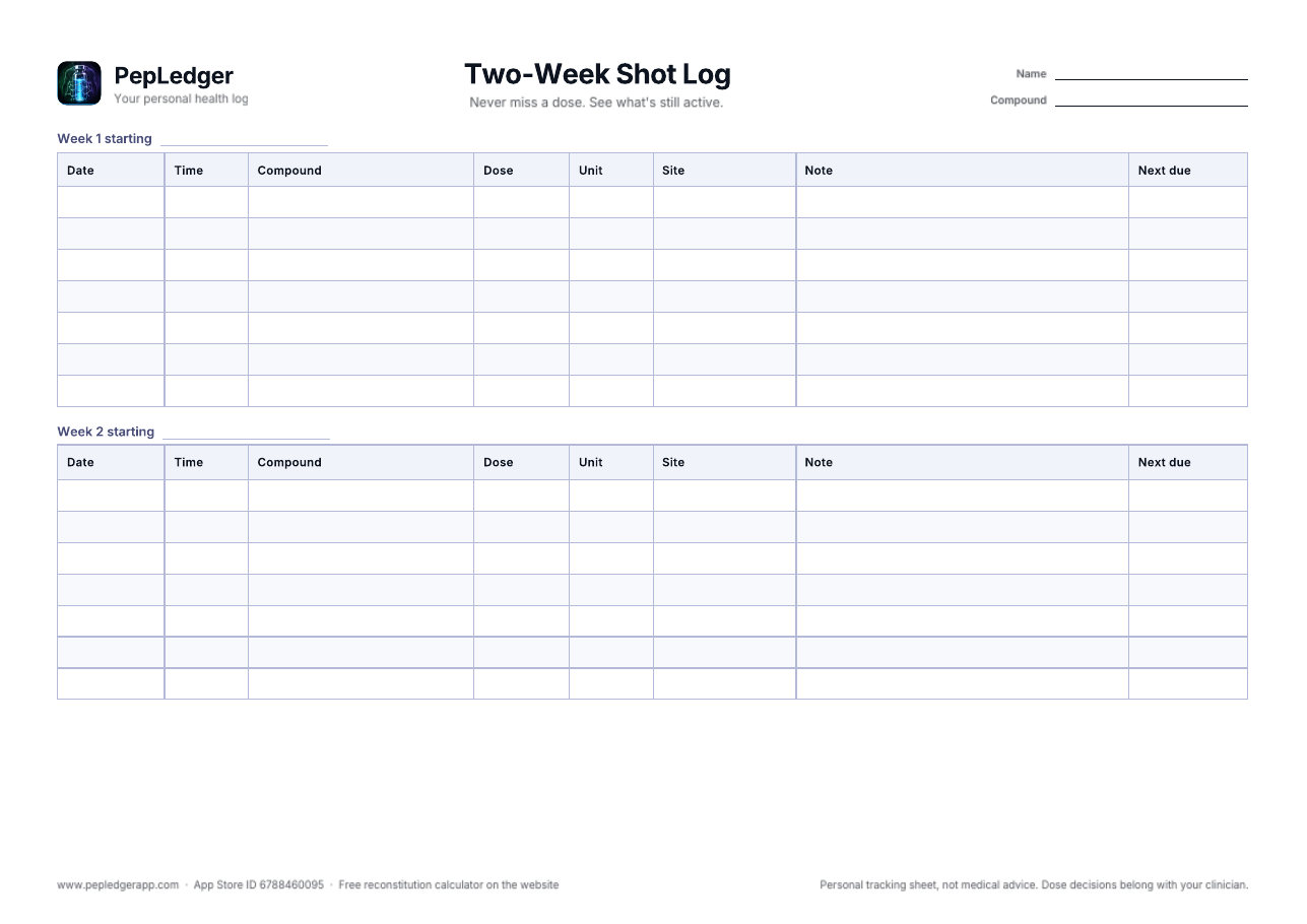 PepLedger Two-Weeks shot log printable, A4